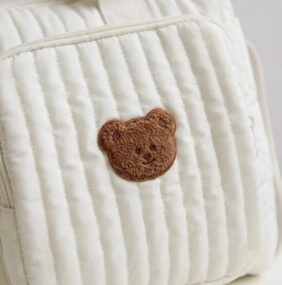 Sac à Langer Matelassé Motif Ourson – Coton Doux, Bandoulière Amovible, Multi-Poches