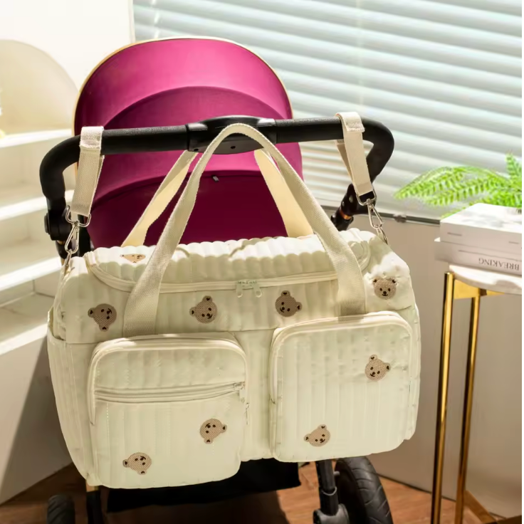 Sac à Langer Matelassé Motif Ourson – Coton Doux, Bandoulière Amovible, Multi-Poches