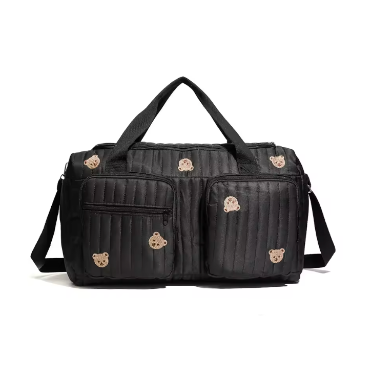 Sac à Langer Matelassé Motif Ourson – Coton Doux, Bandoulière Amovible, Multi-Poches