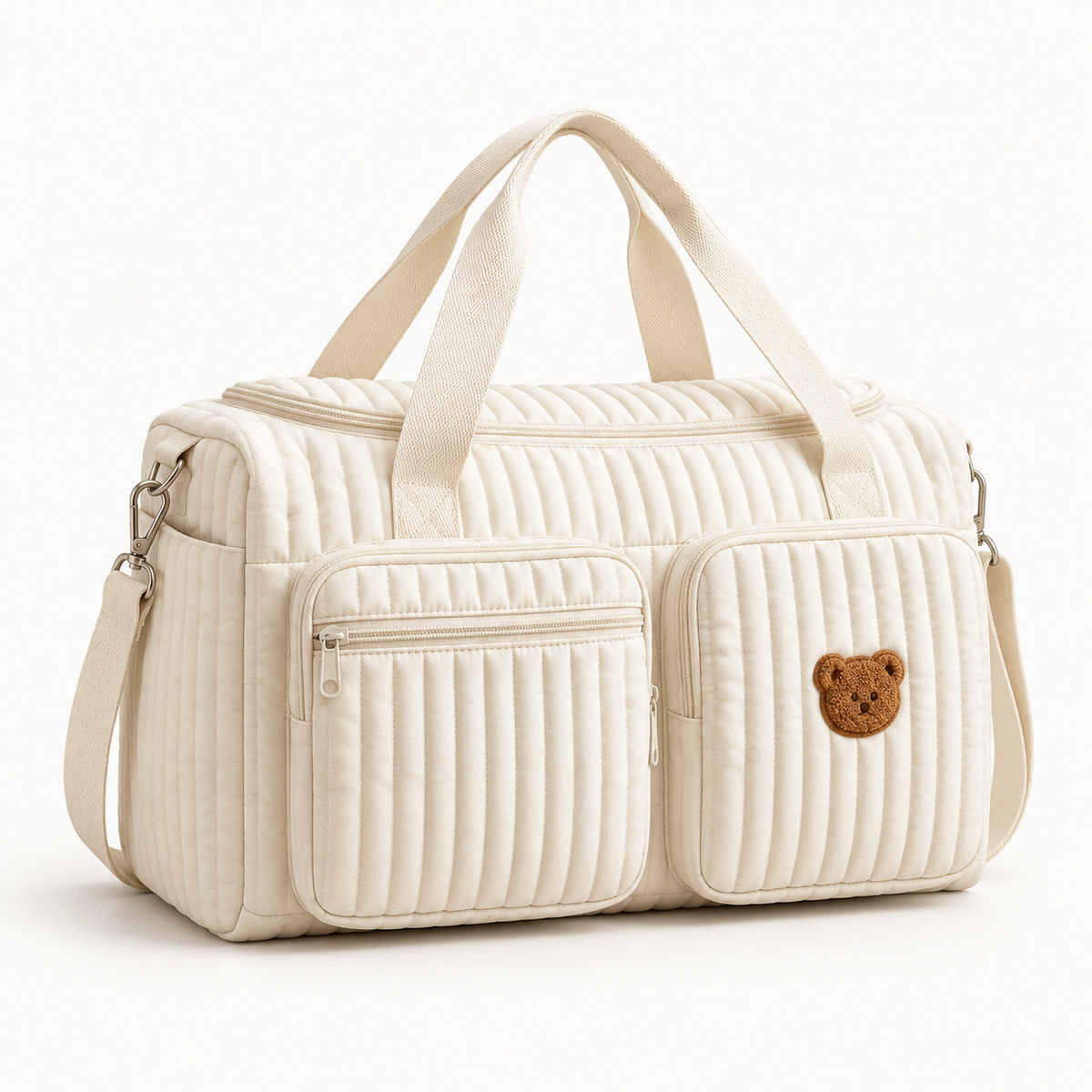 Sac à Langer Matelassé Motif Ourson – Coton Doux, Bandoulière Amovible, Multi-Poches