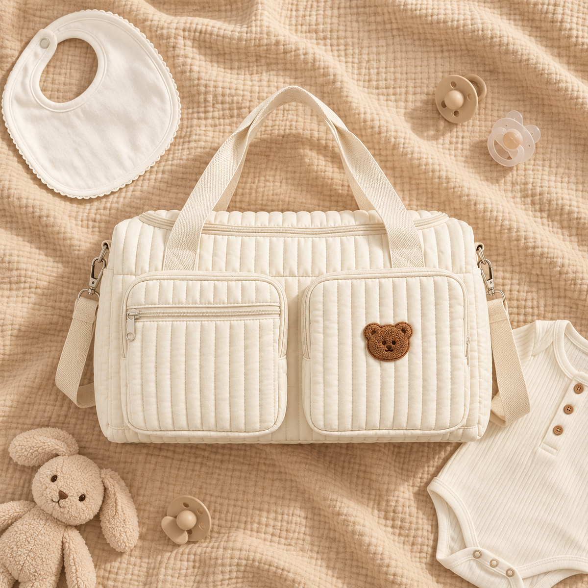 Sac à Langer Matelassé Motif Ourson – Coton Doux, Bandoulière Amovible, Multi-Poches