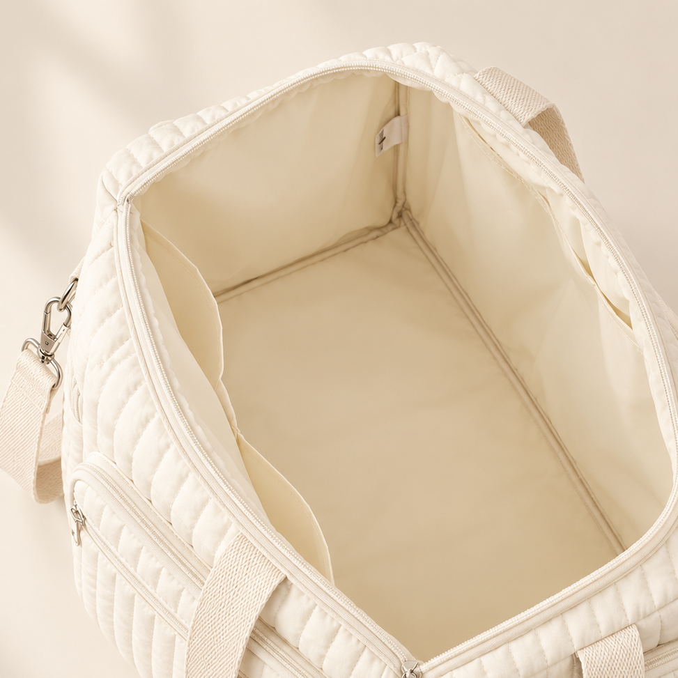 Sac à Langer Matelassé Motif Ourson – Coton Doux, Bandoulière Amovible, Multi-Poches
