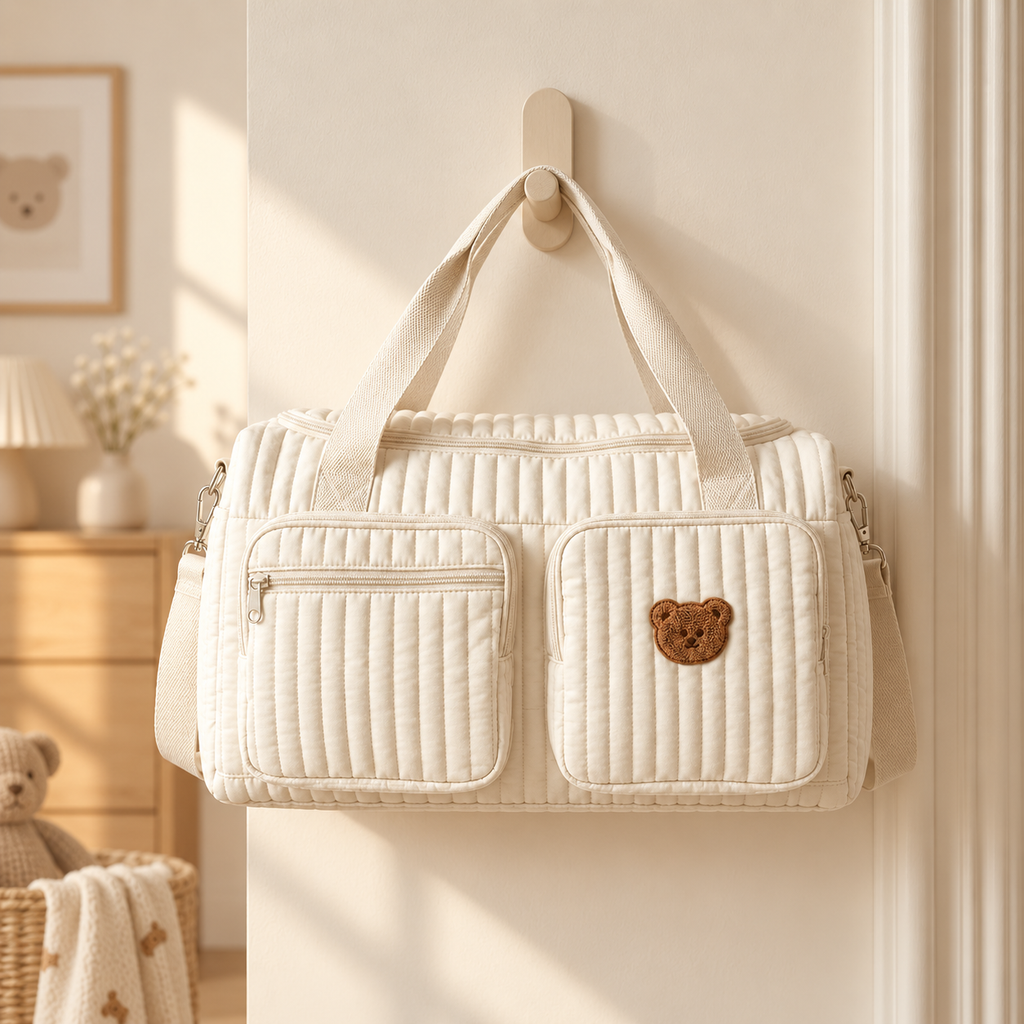 Sac à Langer Matelassé Motif Ourson – Coton Doux, Bandoulière Amovible, Multi-Poches