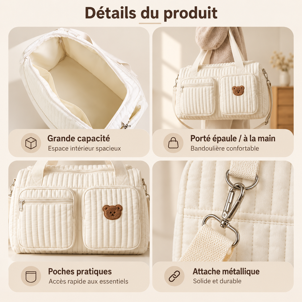 Sac à Langer Matelassé Motif Ourson – Coton Doux, Bandoulière Amovible, Multi-Poches