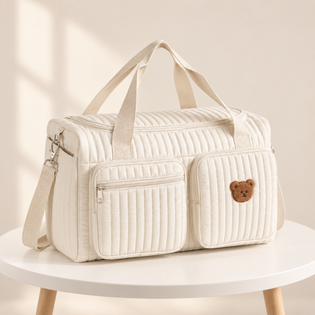 Sac à Langer Matelassé Motif Ourson – Coton Doux, Bandoulière Amovible, Multi-Poches