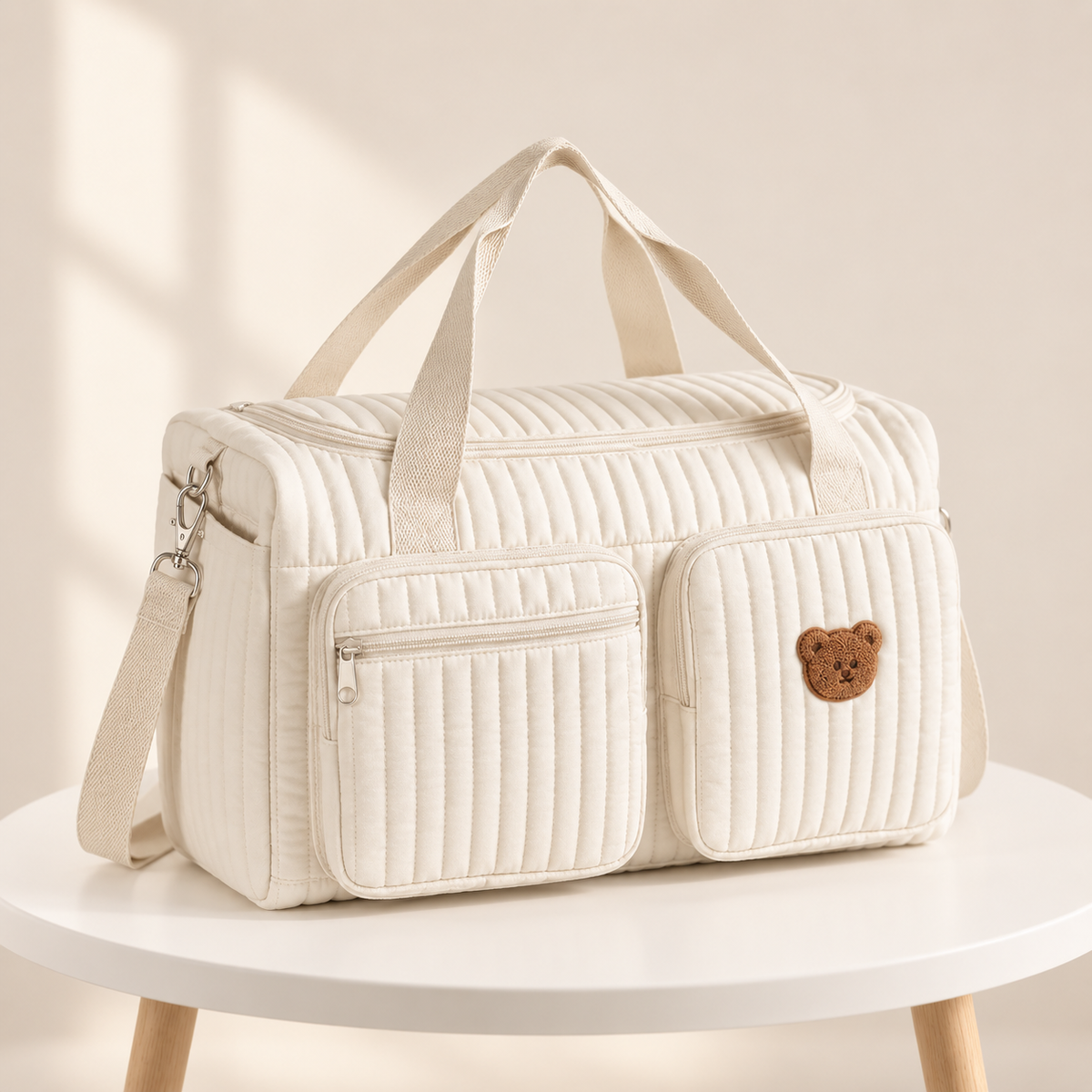 Sac à Langer Matelassé Motif Ourson – Coton Doux, Bandoulière Amovible, Multi-Poches