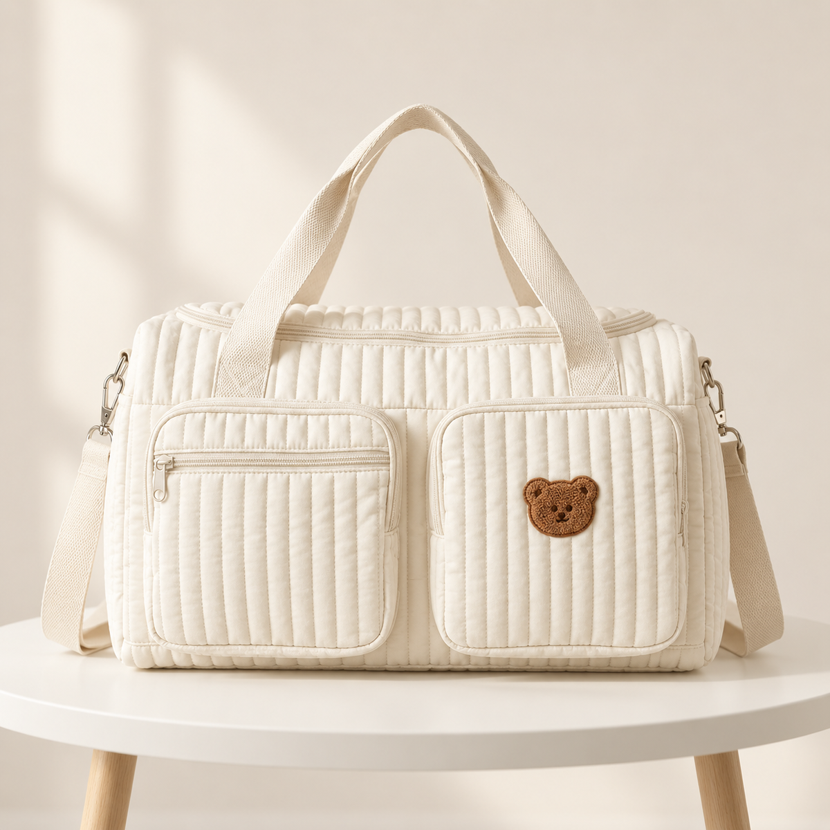 Sac à Langer Matelassé Motif Ourson – Coton Doux, Bandoulière Amovible, Multi-Poches