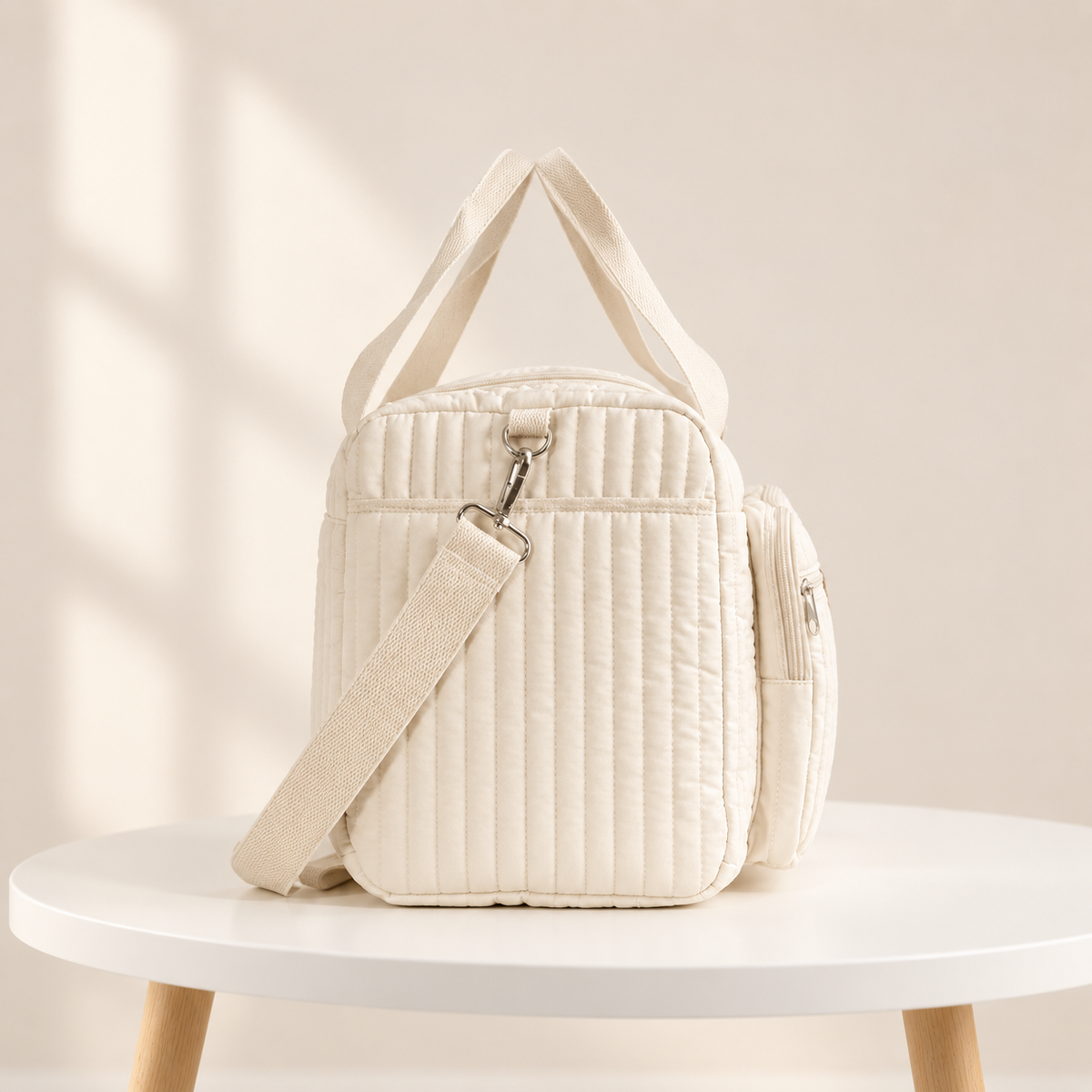 Sac à Langer Matelassé Motif Ourson – Coton Doux, Bandoulière Amovible, Multi-Poches
