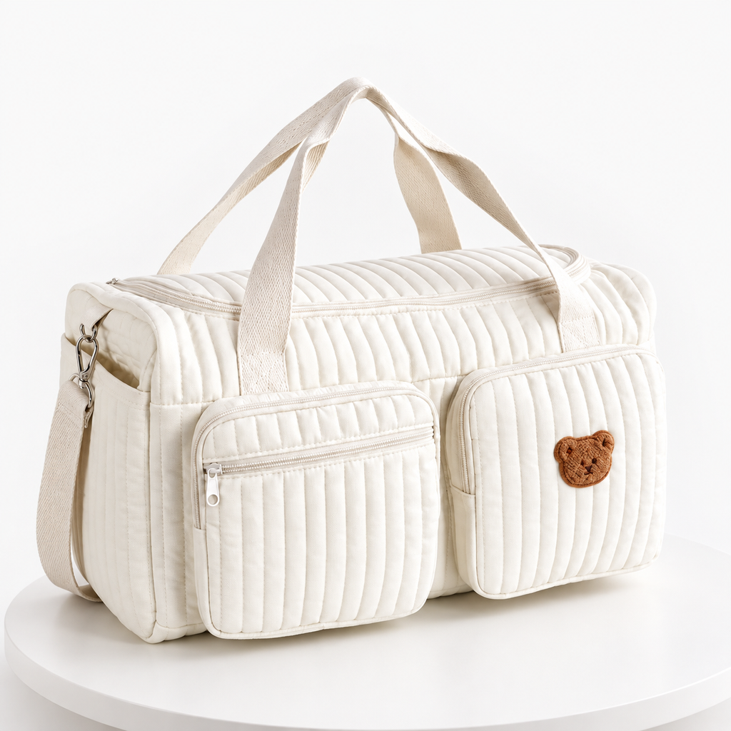 Sac à Langer Matelassé Motif Ourson – Coton Doux, Bandoulière Amovible, Multi-Poches