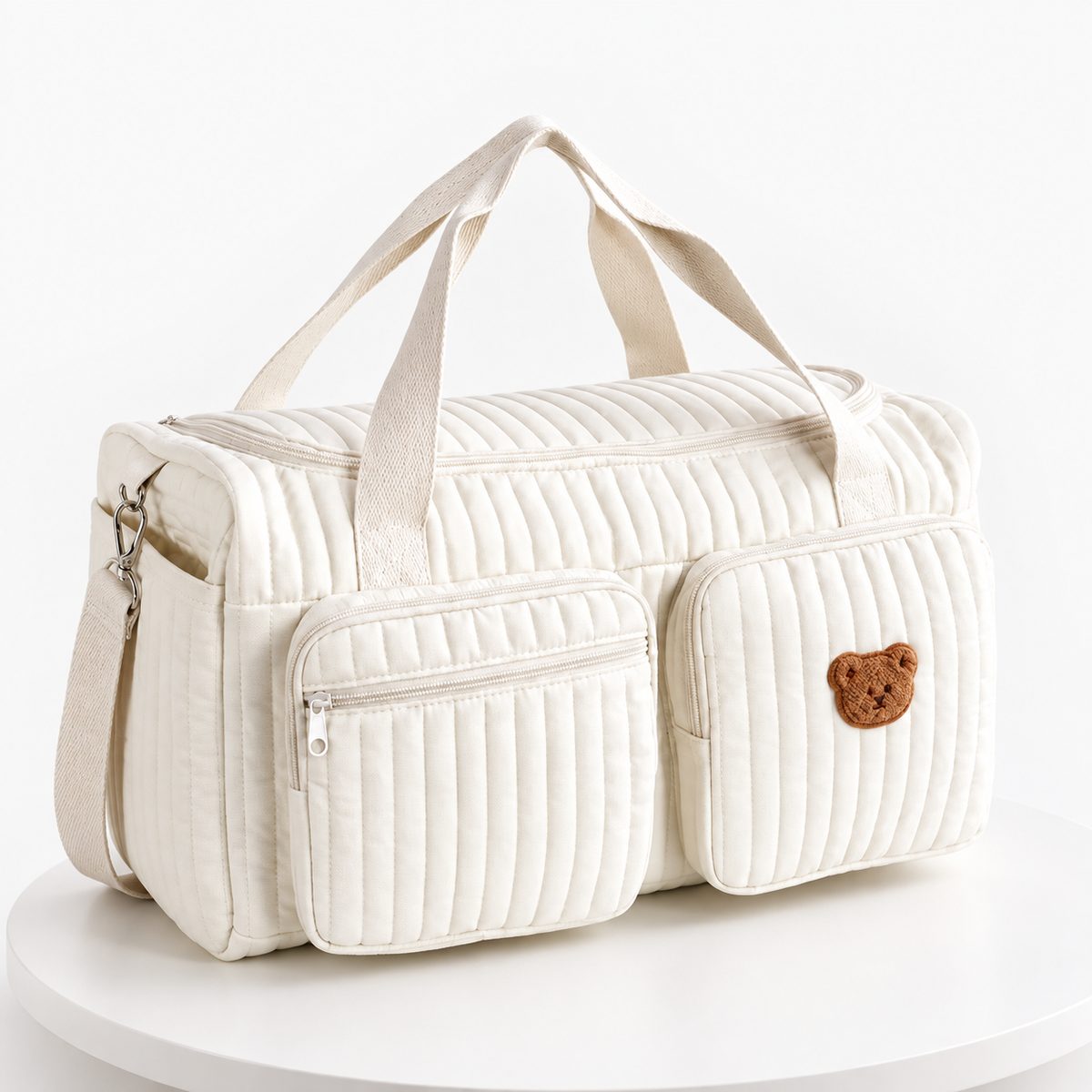 Sac à Langer Matelassé Motif Ourson – Coton Doux, Bandoulière Amovible, Multi-Poches