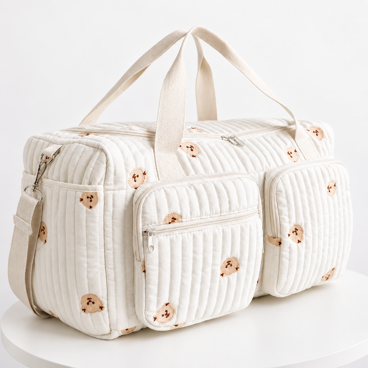 Sac à Langer Matelassé Motif Ourson – Coton Doux, Bandoulière Amovible, Multi-Poches