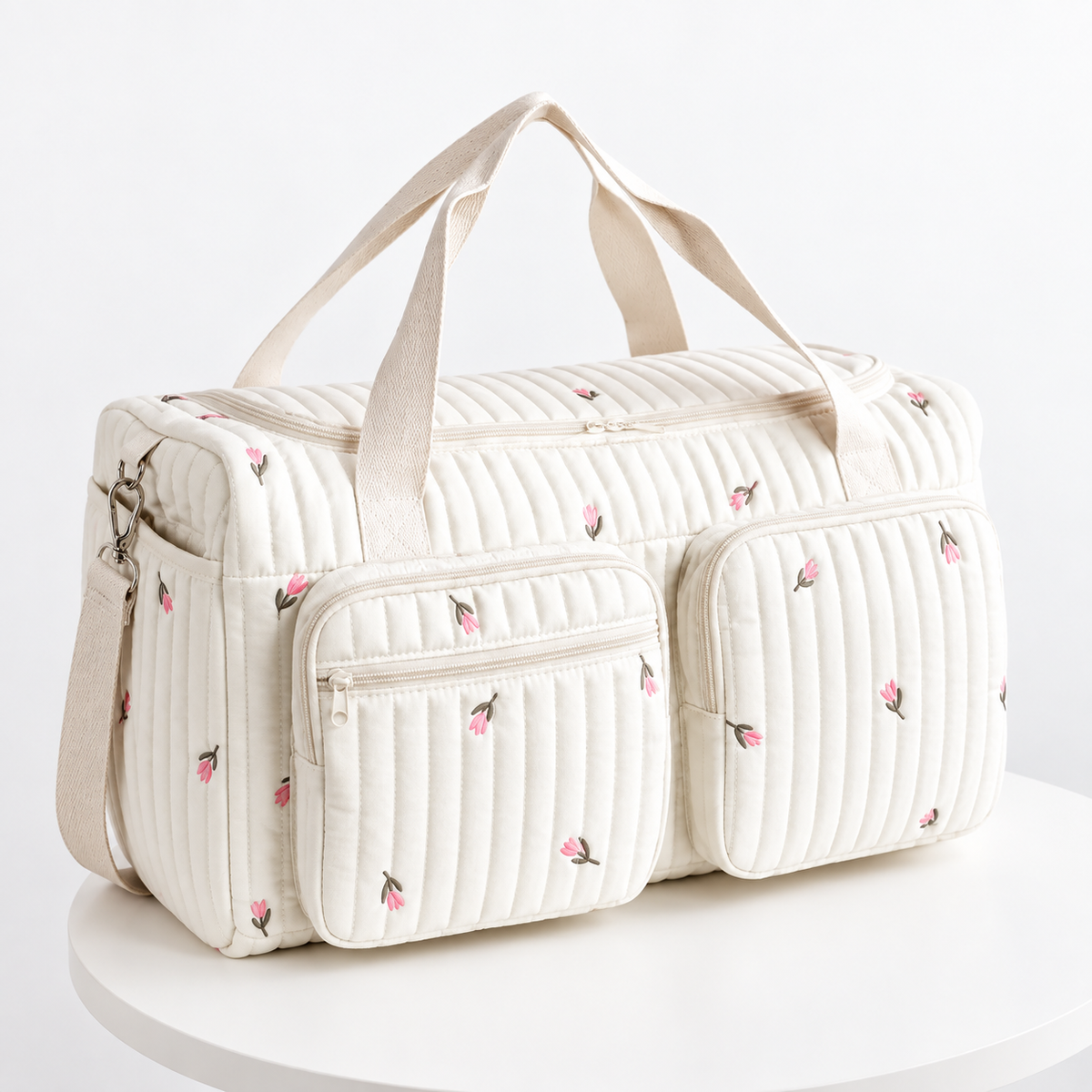 Sac à Langer Matelassé Motif Ourson – Coton Doux, Bandoulière Amovible, Multi-Poches
