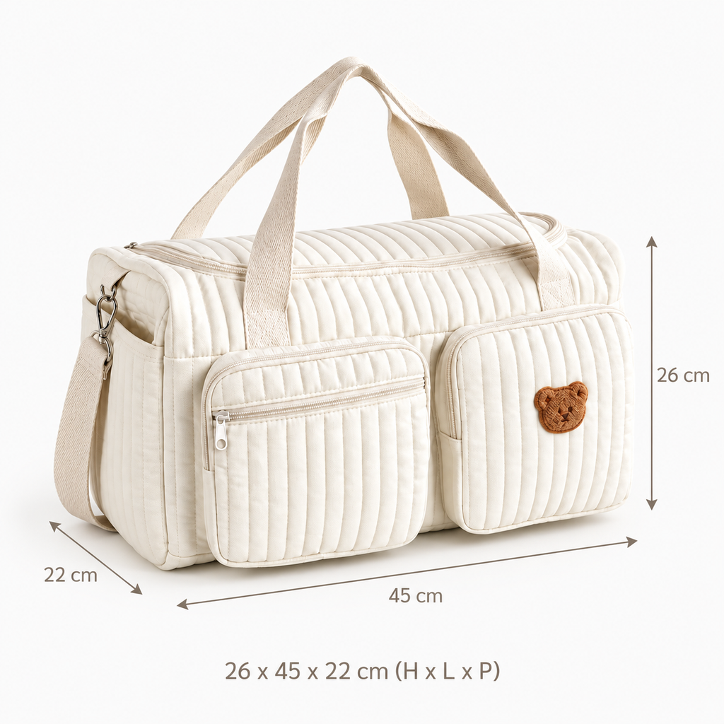 Sac à Langer Matelassé Motif Ourson – Coton Doux, Bandoulière Amovible, Multi-Poches