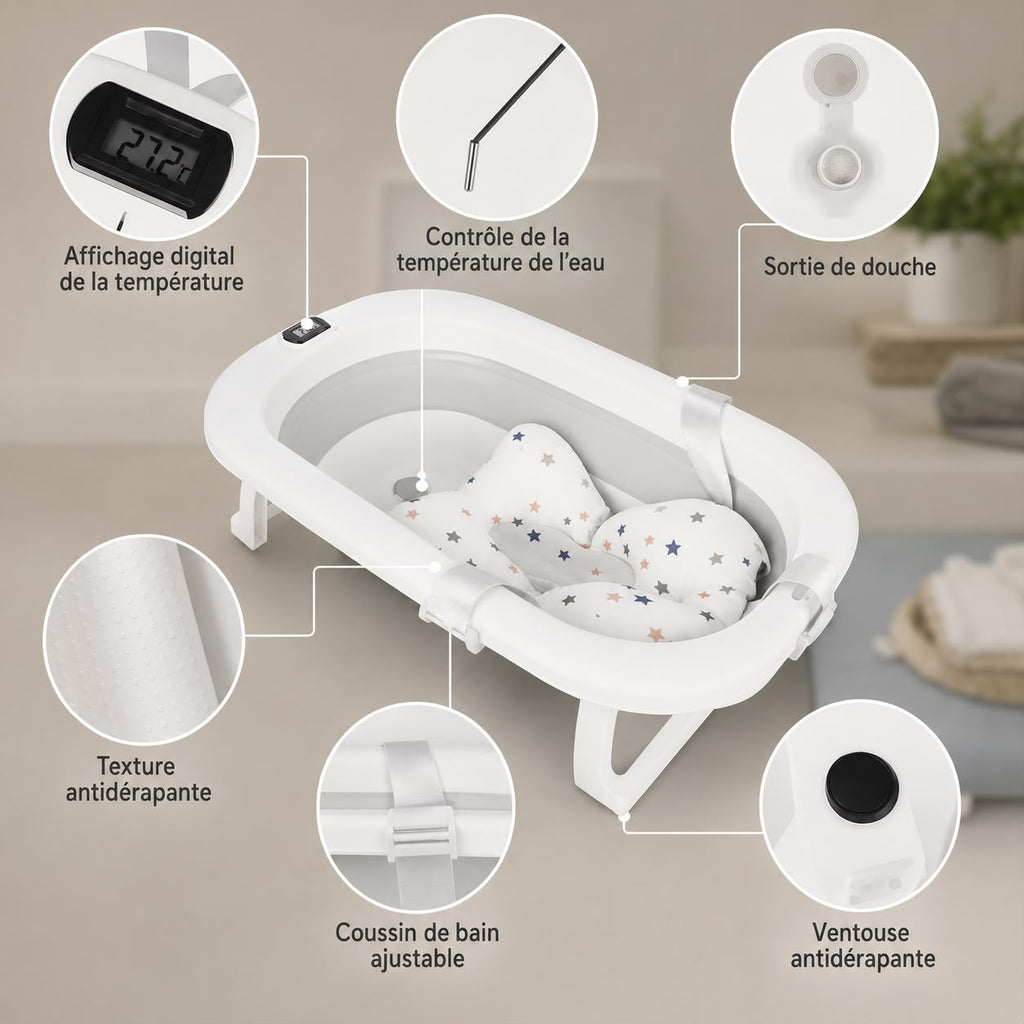 Baignoire Bébé Pliable avec Thermomètre Intégré — 0 à 36 mois