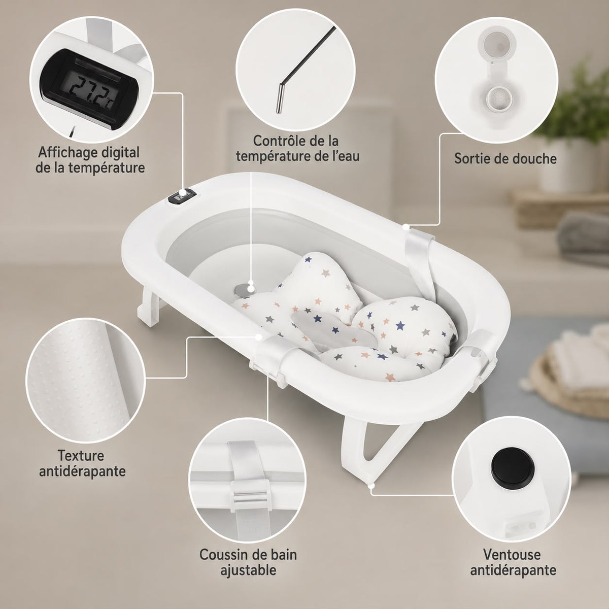 Baignoire Bébé Pliable avec Thermomètre Intégré — 0 à 36 mois